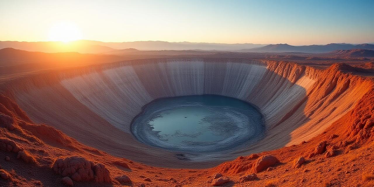 Panoramic view of a modern geological survey site at sunrise