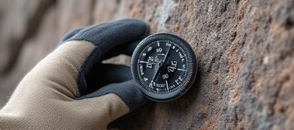 Handheld geological mapping tool in a rocky outcrop